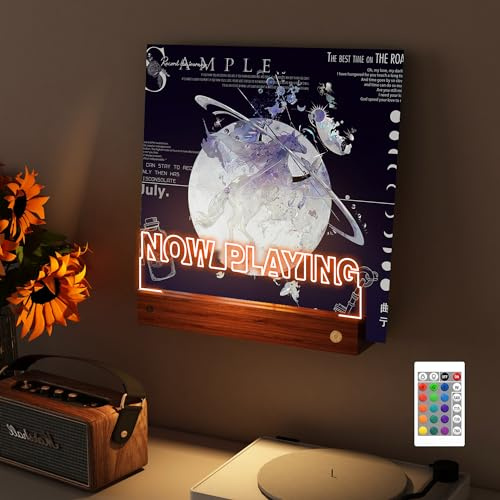YuanDian Ilumina Soporte de Pared para Discos de Vinilo, Soporte de Madera Acrílica para Exhibir y Almacenar Álbumes de Vinilo con 16 Luces de Colores Cambiantes