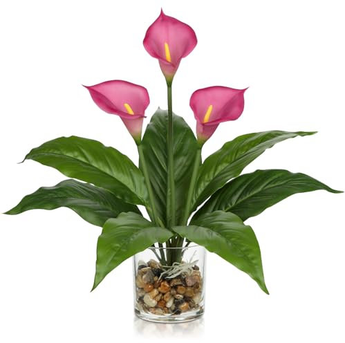 Briful 15.4 Fuchsia Calla Lily Artificial Flowers in Glass Vase with Pebbles, 39cm Tall Artificial Lilies Real Touch Flowers - Decorative Artificial Plants for Living Room, Bathroom Decor