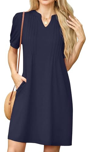 GRECERELLE Womens Dresses Summer Casual Short Sleeve V Neck Shift Dress for Women Ladies T Shirt Dress with Pockets (Navy Blue, S)