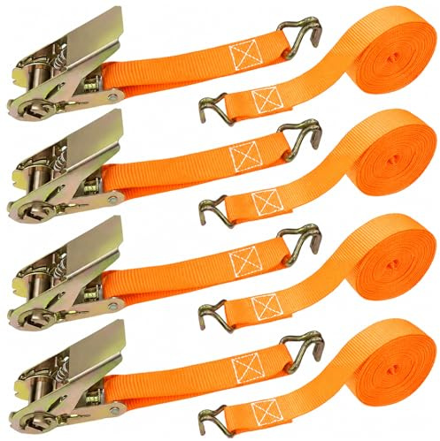 4-piece set of black ratchet strap, 2.5cm x 6m fastening strap with metal hook, used for moving goods, motorcycles, cars, trailers, etc