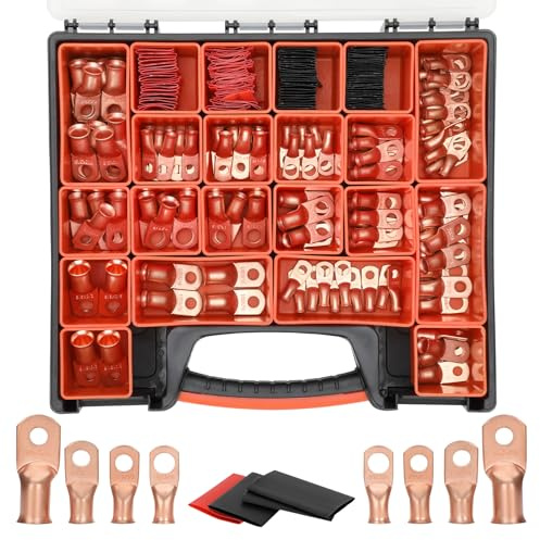 Redants 220PCS Battery Cable Ends Kit, Includes 110PCS AWG 1 2 4 6 8 1/0 2/0 Heavy Duty Ring Battery Cable Terminals with 110PCS Preinstalled 3:1 Dual Wall Adhesive Heat Shrink Tubing