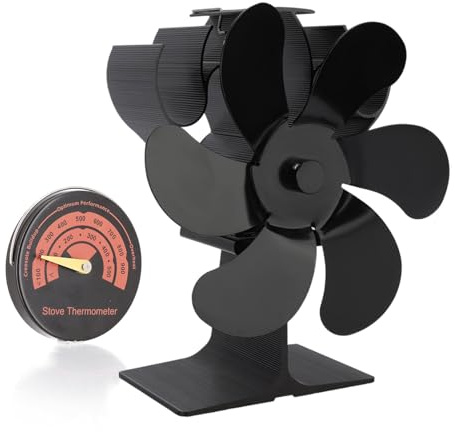 Log Burner Fan Silent Operation | 6-Blade Stove Fans Log Burners | Wood Burner Fans Heat Powered | Fan for Wood Burning Stove | Fireplace Accessories Tools (Black)