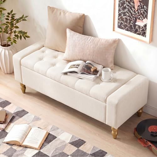 Hellove Ottoman de Rangement avec Coussin – Banc Coffre Design pour Entrée, Salon, Chambre – Grand Espace de Stockage, Assise Confortable en Mousse Épaisse, Structure Robuste, Beige