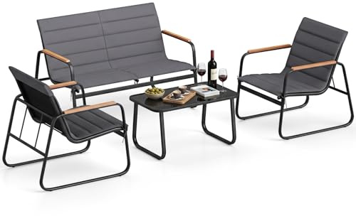 COSTWAY Set Tavolo e Sedie da Giardino 4 Pezzi, Set Bistrò con Cuscini, in Metallo e Vetro Temperato, per Balcone, Veranda (Modello 6)