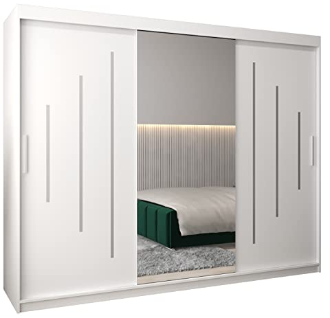 MEBLE KRYSPOL York 1 250 Schlafzimmerschrank mit DREI Schiebetüren, Spiegel, Kleiderstange und Regalen – 250x200x62cm - Mattweiß