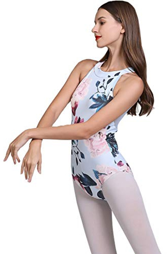 Limiles Women's Halter Neck Bodysuit Keyhole Back Gymnastic Ballet Dance Leotard Tops Dancewear Costumes (Blue Flower, M)