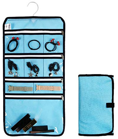 ANIZER Travel Foldable Jewelry Rolls Bag Hanging Jewelry Organizer with 9 Zippered Clear Pockets Storage Pouch with Rotatable Hanger (BLUE)