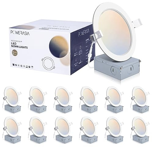 POWERASIA 12 Pack 6 Inch Ultra-Thin LED Recessed Ceiling Light with Junction Box, 5CCT Dimmable 2700K/3000K/4000K/5000K/6000K,15W 1200lm Can Killer Downlight-ETL and Energy Star Certified