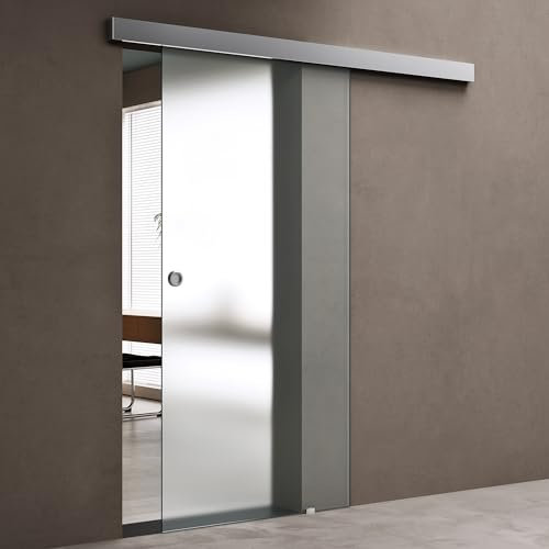 doporro Glasschiebetür Komplettset Softclose 77,5 x 205cm | 25mm Wandabstand | Schiebetür mit ESG-Sicherheitsglas | Zimmertür Glas Satiniert mit Muschelgriff | Amalfi-plus 12