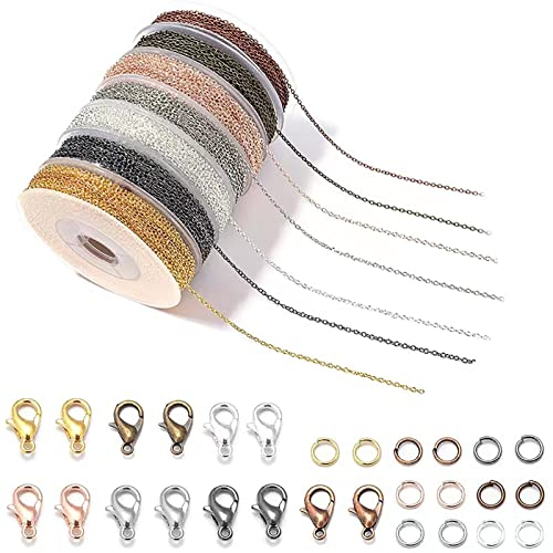 Jaydis 2 x 3 mm (68,88 fot) metallpansarkedjor 2 x 3 mm tvinnad länk kors kabelkedja 7 färger med 70 hummerlås och 210 bindringar för gör-det-själv-smyckestillverkning