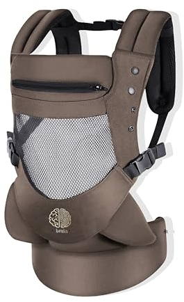 Porte-bébé ergonomique 3D Mesh super duveteux, enveloppant/respirant. 4 positions avec capuche amovible/réglable, de 4 mois à 18 kg. 100% coton (Marron)
