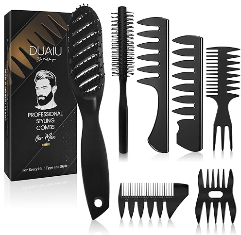 Spazzola Capelli Uomo Styling Set,DUAIU Set Spazzole e Pettini per Capelli per Uomini, Pettine Capelli Uomo,con Pettine Denti Larghi,Spazzola Capelli Districante,Rotonda per Styling