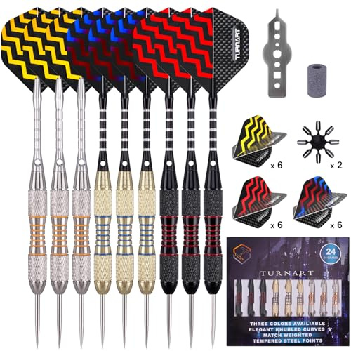 Turnart Lot de 9 fléchettes à pointe en métal - 24 g - Fléchettes professionnelles en acier - 18 ailettes - Étui cadeau - 2 protections d'ailettes - 1 pierre à aiguiser