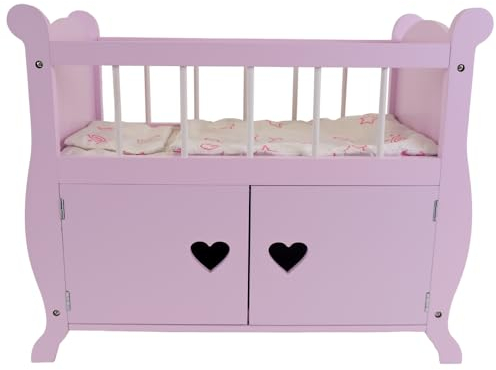 Bandits & Angels Puppenbett Sweetheart aus Holz mit Schrank rosa – Puppenbett aus Holz – geeignet für Puppen bis 46 cm – inklusive Decke – Puppenbett – Puppenmöbel
