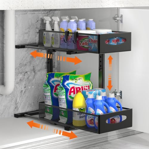 Housolution Organizer Sottolavello in Metallo, Scaffale Sottolavello Estraibile a 2 Livelli con Altezza Regolabile, Organizzatore Sottolavello per Armadio da Cucina, 1 Pezzo, Nero