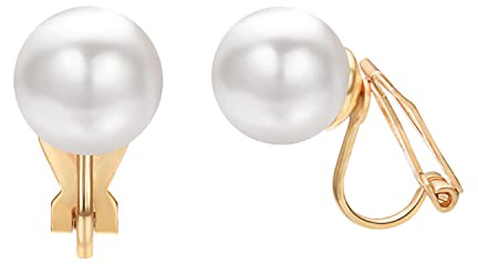 Airokiy Orecchini a clip da donna senza fori per le orecchie, placcati in oro 18 carati, ipoallergenici, clip da donna, 9.5mm, Acciaio inossidabile chirurgico, perla artificiale, Perla