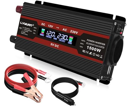 Yinleader Convertisseur 12V 220V 1500W Convertisseur de Tension LCD 2USB transformateur de Tension 12V 220V