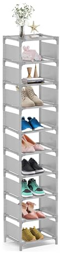 sunvito 10 Tiers Tall Shoe Rack, Space-Saving Narrow Shoe Racks, 10-15 Pairs Metal Shoe Rack for Closet, Shoe Shelf Storage Organizer for Entryway Hallway Living Room (Grey)