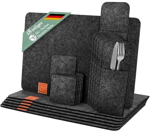 Ganzoo Set de manteles Individuales de Fieltro Negro, 18 Piezas para 6 Personas, Incluye 6 manteles 44x30 cm, 6 Posavasos y 6 Fundas Cubiertos, Grosor 5 mm, Lavables, Resistentes al Calor