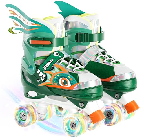 Rollers Quad Classiques,Patins à roulettes 4 Tailles réglables pour Enfants garçons et Filles,Lumineux LED Patins à roulettes,pour Enfants Cadeau(Vert, L)