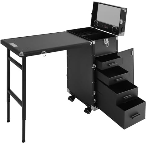 DJOAIUYF Manicure Desk Makeup mit Spiegel,with 4 Drawers Mirror & Nageldeck Manikürtisch kosmetischer Rollbarer Maniküretisch Nagelschreibtisch Doppelten Verriegelungsmechanismus (Schwarz)