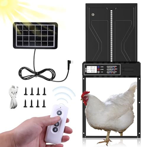 Puerta de gallinero automática alimentada por energía solar con temporizador y control remoto, 3 modos, pantalla LCD, aluminio impermeable IPX45, diseño antipellizcos