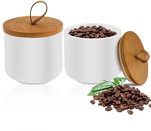 WANDGU Modernes Keramikglas mit Deckel: 2 Stück Keramik Vorratsdosen mit Holzdeckel, Zuckerdose, Kaffeedose, Küche, Behälter, Aufbewahrungsdosen für Tee, Kaffee, Bohnen, Nüsse, Gewürze (260ml)