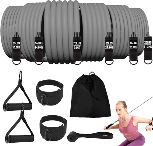 Elasticas Musculacion, Clase 6 Resistance Bands, 300LBS Bandas De Resistencia (25/35/45/55/65/75LBS), con Mango, Correa De Tobillo Y Ancla De Puerta para Gimnasios Familiares De Oficina Y Exteriores
