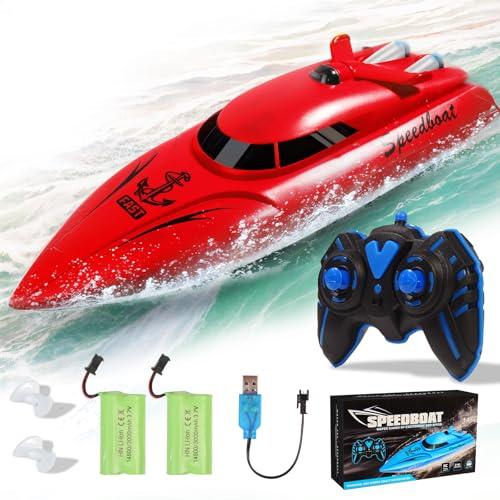 Habuddy RC Boat, 2.4 GHz High Speed Mini Boats, Remote Control Boats for Pools & Lakes, Radio Controlled Watercraft for Kids, 30+ Mins, 2 Batteries, Red