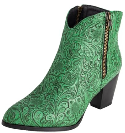 XINXINIO Embossed Ankle Boots for Women | 5.5cm Chunky Heel & Synthetic Fleece Lined, Western Style Side Zipper, Comfort for Daily Wear & Winter