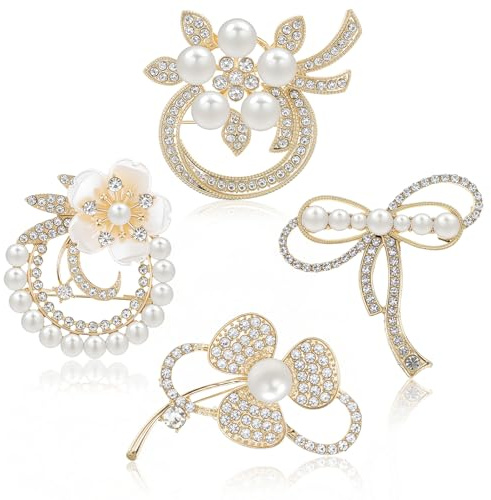 Brosche Damen, 4 PCS Broschen für Kleidung, Kristall Perle Blume Broschen, Eleganter Vintage-Stil Brosche Gold mit Strasssteinen und Perlen für Kostümen, Röcken, Schals, Hüten (C)