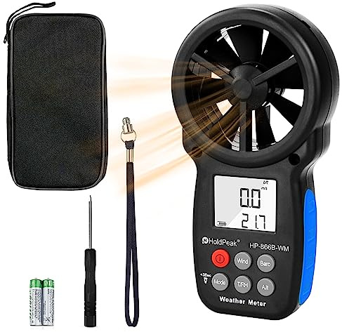 HoldPeak Anemómetro Digital 866B-WM Medidor de Velocidad Viento Aire de Mano, la Presión Atmosférica,la Altitud, la Humedad, el Punto de Rocío, Anemometro Portatil para Tiro, Pesca con soporte