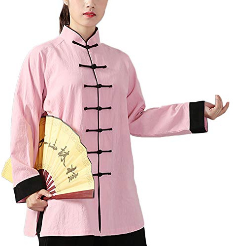 PengGengA Unisex Hebilla Kung Fu Tai Chi Ropa Artes Marciales Collar De Pie Chándales Tops+Pantalones Rosa Negro XL
