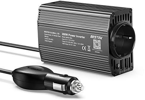 BESTEK 300W Inverter da Auto 12V 220V con 2 Porte USB 4.8 A, Invertitore di Potenza per Carica Phone Pad Tablet Kindle (Onda Sinusoidale Modificata con Multi Protezioni, Accendisigari)