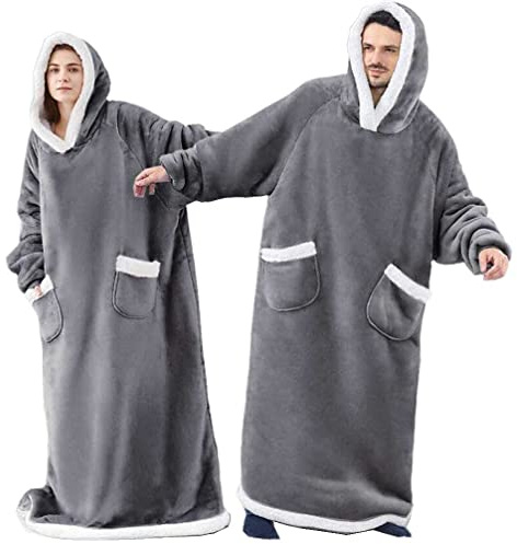 One Piece Extra Long Hoodie Blanket for Women and Men 3XL, Oversized Fleece Wearable Sweatshirt for Adult, Super Warm Sherpa Hoodie, One Size XXXL