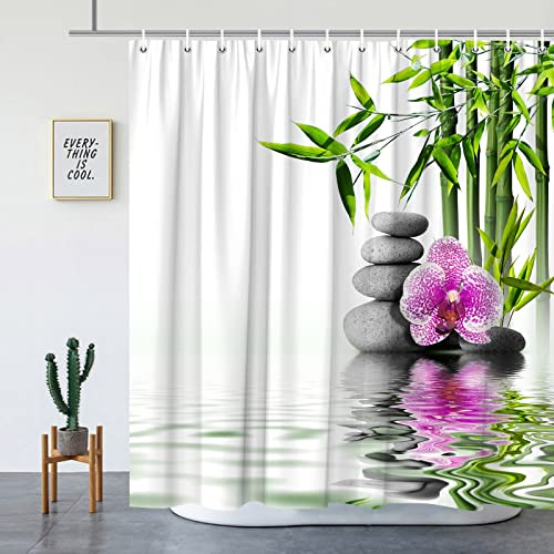 YinTonne Zen Shower Curtains Green Bamboo Purple Flower Stone Reflection Water Landscape Spa Garden Pattern Print Bathroom Accessories Cloth Curtain Set with Hooks, W70xH70 Inch-W180xH180 cm