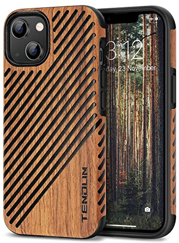 TENDLIN Kompatibel mit iPhone 14 Hülle, Holz und Leder Hybrid Handyhülle (Rotes Sandelholz)