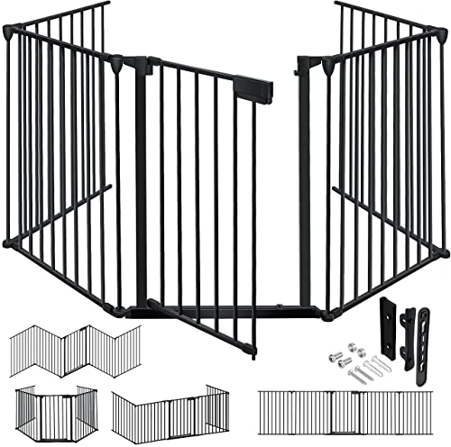 KESSER® Kaminschutzgitter mit Tür 480 cm Metall Ofenschutzgitter Laufgitter Laufstall Absperrgitter Tierschutzgitter Türschutzgitter für Kinder-Sicherung, 8-teilig Elemente (je 60 x 75 cm) Schwarz