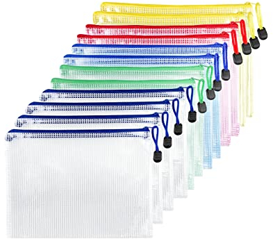 Fousenuk 12 Pcs Dokumententasche mit Reißverschluss A5, Wasserdichte Document Case, Mesh Plastic Zip Bag, Reißverschlusstasche, Zipper Pockets für Datei,Papier, Quittungen, Kosmetika, 5 Farben