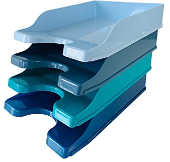 Deflecto Cool Breeze Set of 4 x A4 Contemporary Letter Tray organiser In Deep Blue and Aqua Tones - A4 paper organiser - CP130YTCB