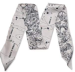 LumiSyne Foulard En Soie Étroit Pour Femmes Et Filles - Écharpe Maigre Longue Imprimée Arbre Fleurs Motif Lettre Style Artistique Rétro - Satin Cravate Cheveux Bandeau Au Poignet Poignée Ruban