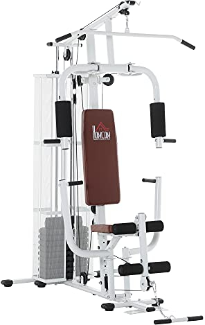 HOMCOM Kraftstation Fitnessstation Fitnessgerät Multifunktion Krafttraining Multistation Trainingsstation mit Latzug Butterflystange 45kg Gewichten Seil, Fitnessgeräte für Zuhause Weiß