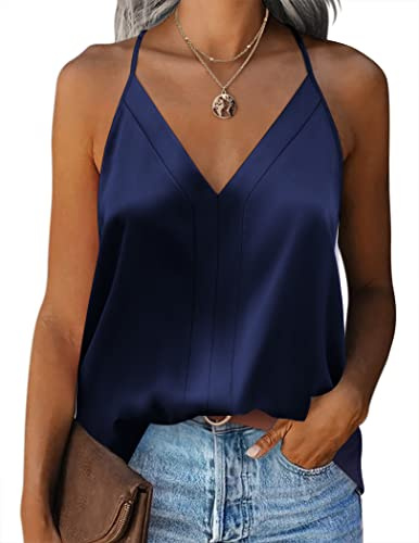Zeagoo Canottiera da Donna in Raso Estive Canotta Elegante Blu Spalline Sottili Cami Scollo a V Tank Top, M