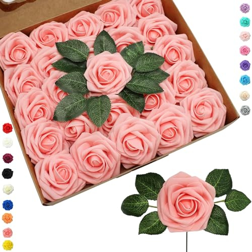 25p Rose Finte Rosa Chiaro, Fiori Artificiali in Schiuma con Stelo dal Vero Tocco per Decorazioni di Matrimonio, Lavoretti per Addio al Nubilato, Casa, Festa per Nascita, Decorazioni per la Festa di
