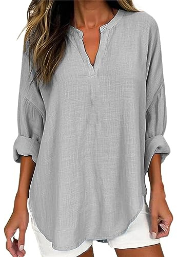 MJGkhiy Camisa mujer algodón lino curvy camiseta oversize cuello en V verano blusa elegante tallas grandes botones camiseta manga larga Tee Tops Blusa Camiseta, gris, 5XL