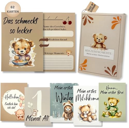 RYVALZ® 62 Meilensteinkarten Baby Inkl. digitalem Babytagebuch | Zauberhafte Doppelseitige Baby Meilensteinkarten im Bärchen-Design | Für Jungen & Mädchen | Perfekt für Wundervolle Erinnerungen