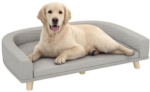 PawHut Sofá para Perros Grandes 98x67x25 cm Cama Elevada para Perros Tapizada con Cojín Lavable y Patas de Madera de Pino Carga 30 kg Gris Claro