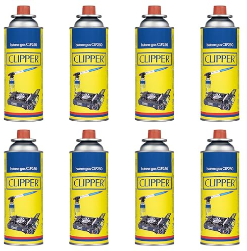 Clipper Lot de 8 cartouches de gaz universelles de 400 ml pour appareils à feu | Valve GLP250 | gaz de camping, poêles, chalumeaux et cuisinières à gaz