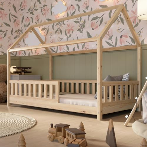 Crazy Pine Hausbett 80x160 cm – Kinderbett aus Naturholz mit Rausfallschutz – Skandinavisches Design, Montessori Bodenbett mit Höhenverstellbaren Beinen - Crazy Blanco