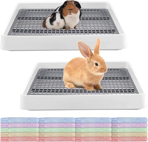 2 Pack Rabbit Litter Box with 20 Guinea Pig Blankets Large Bunny Toilet Training Pan and Fleece Cage Liners for Hamster, Ferret, Chinchilla (Machine Washable)
